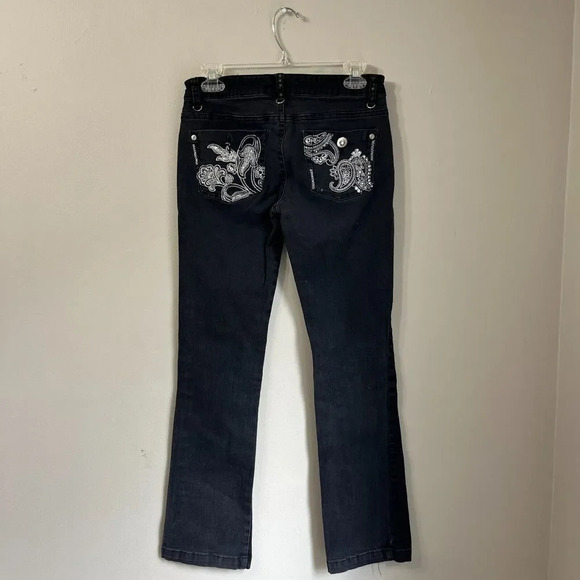 Joujou Women Dark Gray Bootcut Jeans 7/8 Medium Wash Embroidered Paisley Pockets - Picture 9 of 12